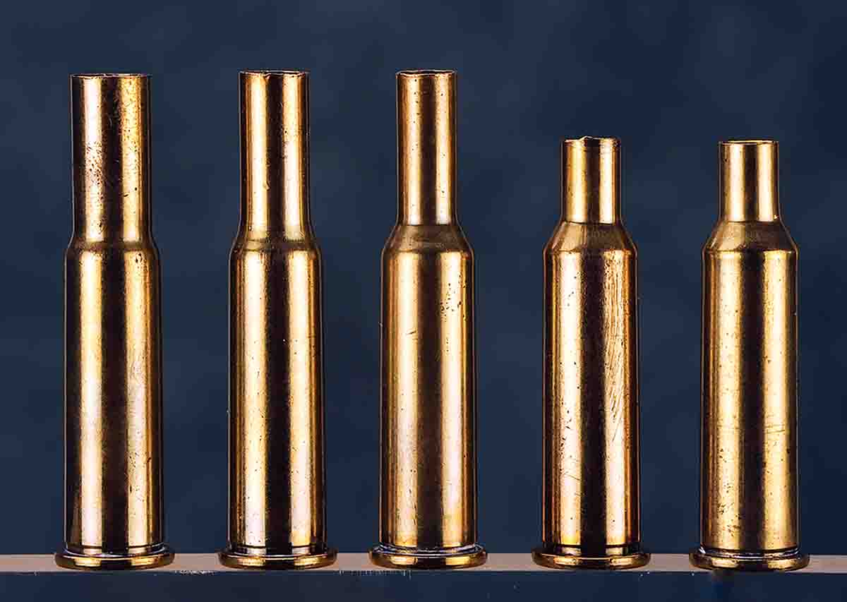 The five basic steps to forming the parent 30-30 case to the 219 Donaldson (left to right): The first three push the neck back while squeezing it down more and more with each step, then the last two go through the trim die where the neck has been trimmed to its last stage of forming.